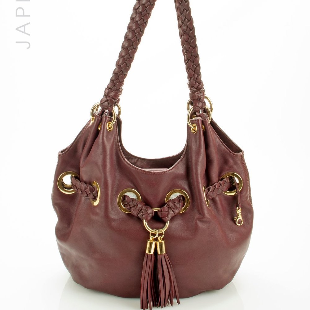 MICHAEL KORS DARK RED BRAIDED LEATHER TASSEL SATCHEL